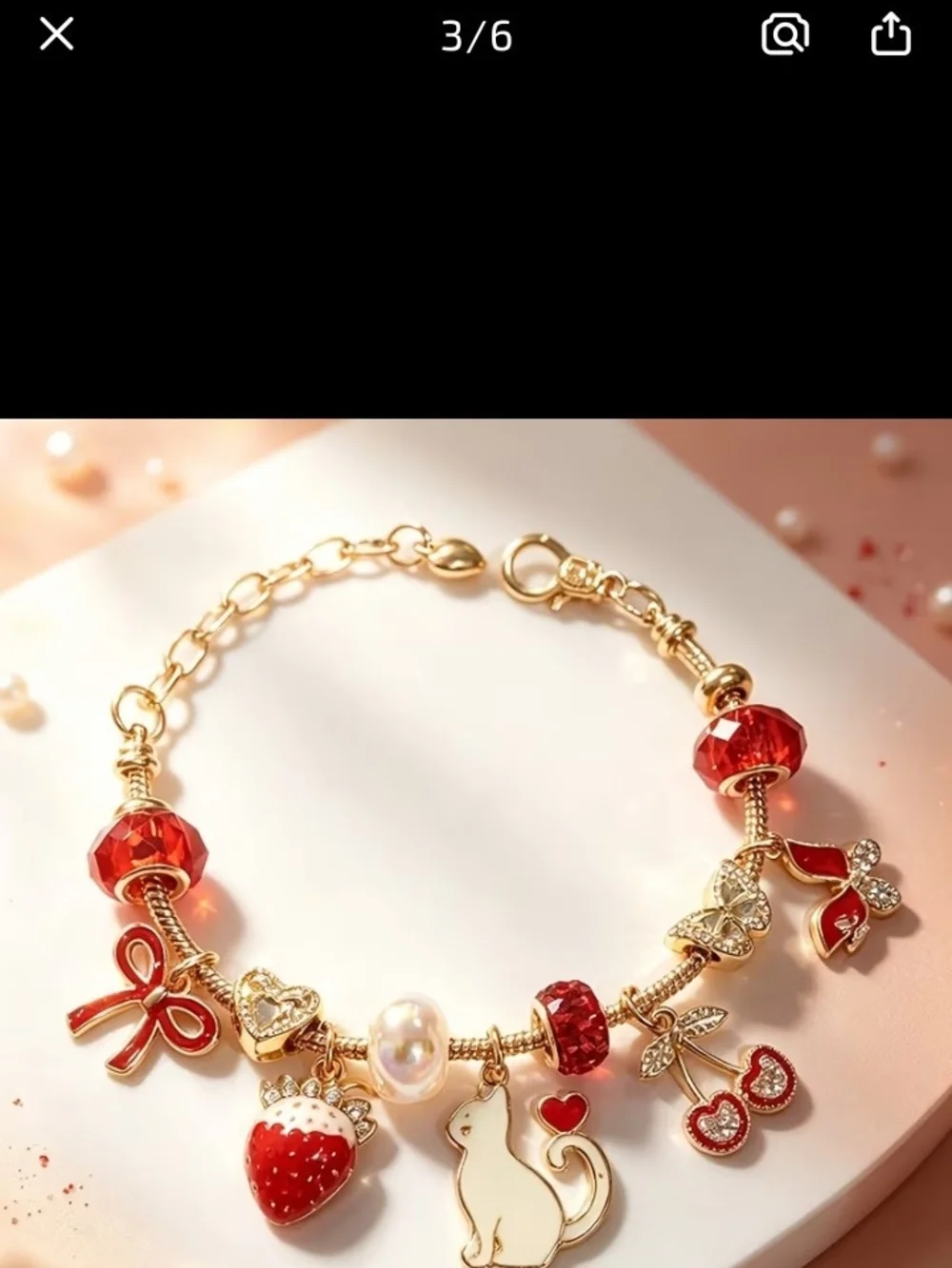 Gold-Tone Red Charm Bracelet with Cat, Strawberry & Bow Charms